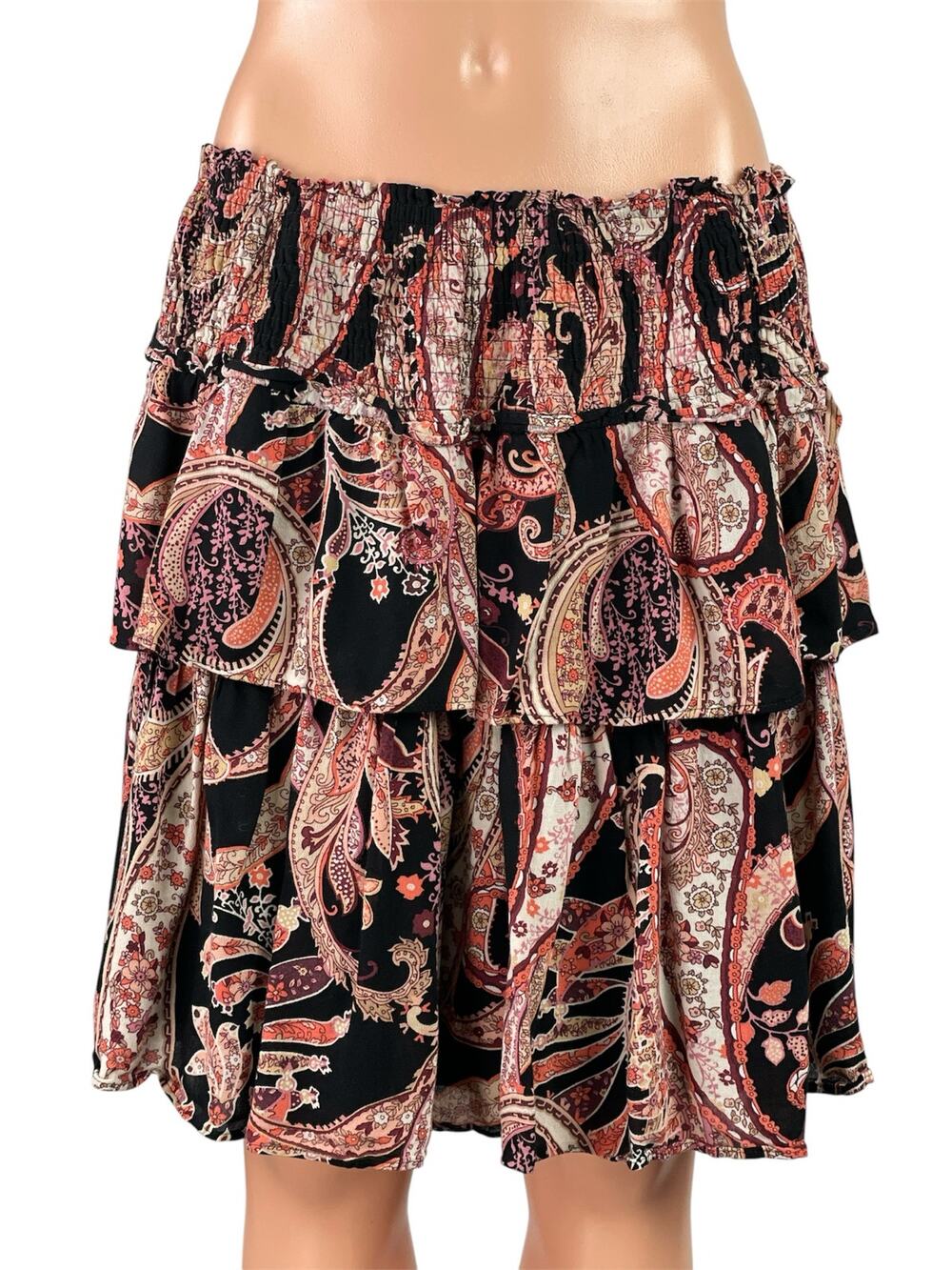 Anthropologie Myla Ruffled Boho High Waist Paisley Tiered A Line Mini Skirt Sz L